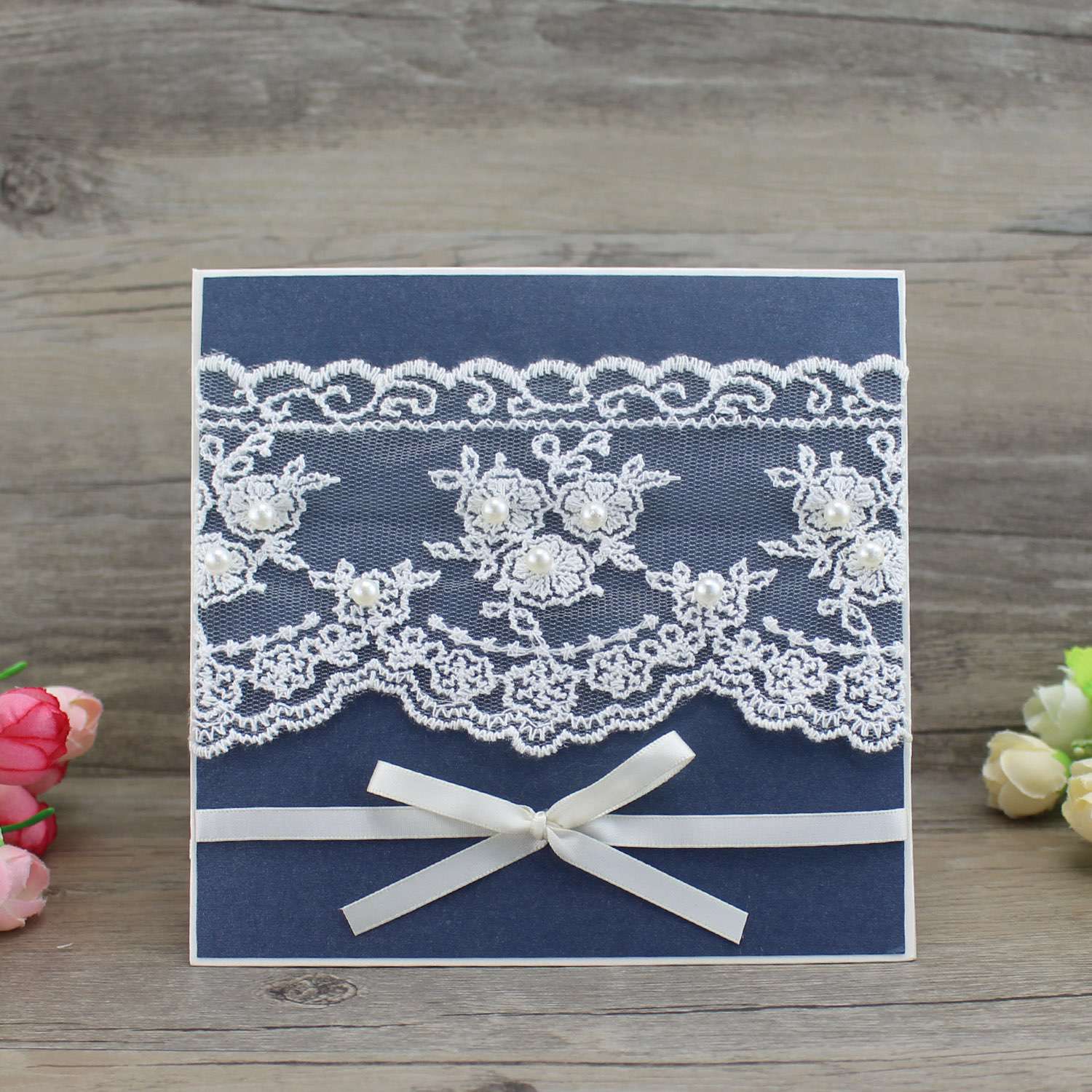 Lace  Card Handmade Invitation Dark Blue Wedding Invitation with Ribbon Bow